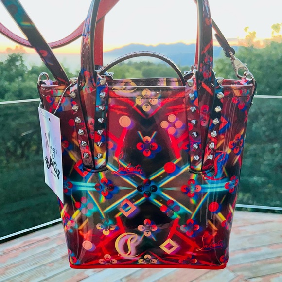 Louboutin: Holographic Patent Cabata Spiked Leather Mini Tote Crossbody Bag - Picture 5 of 17